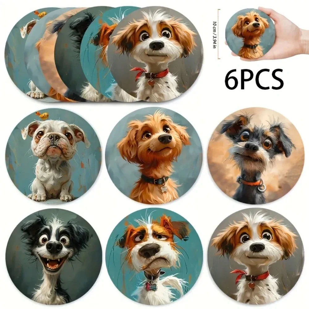 Funny Assorted Breed Dog Faces Wooden Coasters,  Set of 6